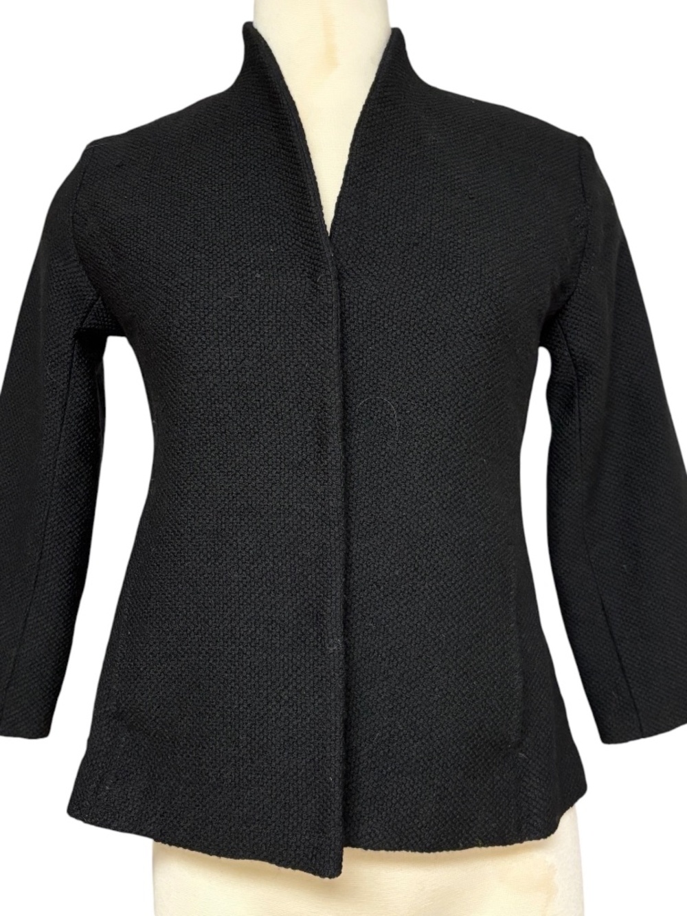 jacket EILEEN FISHER XS/S black wool cropped pockets! hook eye close fitted
